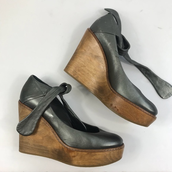 Chloe Maryjane Pewter Leather Wooden Platform 7 - Picture 4 of 8